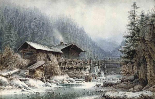 Figures On A Frozen River Before A Bavarian Chalet Oil Painting by Anton Doll