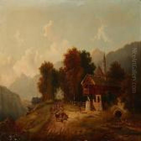 Southern German Autumn Landscape With Persons And Cattle Ona Road Oil Painting by Anton Doll