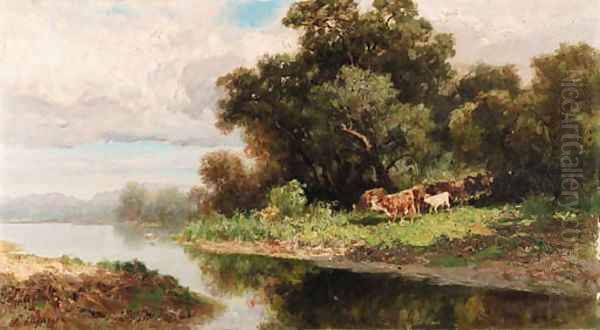 A herd of cattle by a river Oil Painting by Francesco Lojacono