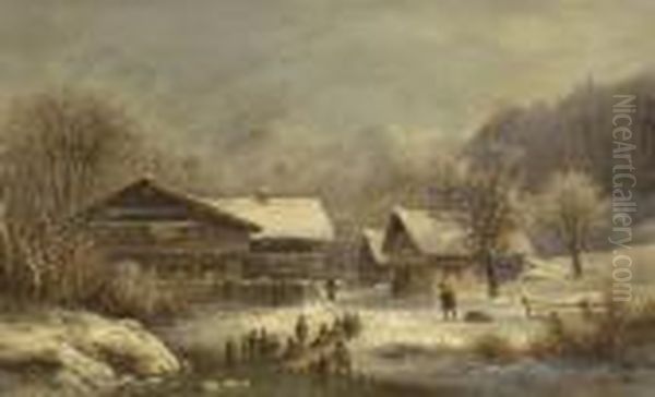 Eisvergnugen Auf Dem Dorfweiher Oil Painting by Anton Doll