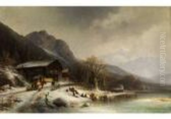 Bergige Winterlandschaft Mit Kindern Beim Rodeln Oil Painting by Anton Doll