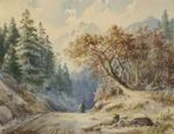 Winterliche Landschaft In Tirol Oil Painting by Anton Doll