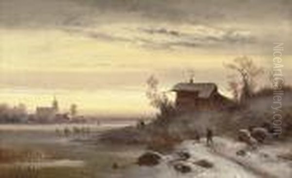 Skaters On A Frozen Lake At Dusk Oil Painting by Anton Doll