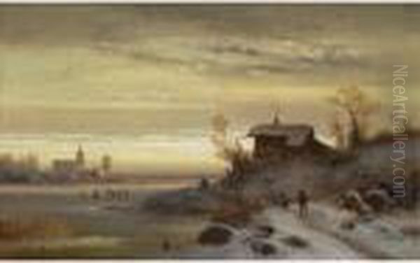 Figures In A Winter Landscape Oil Painting by Anton Doll