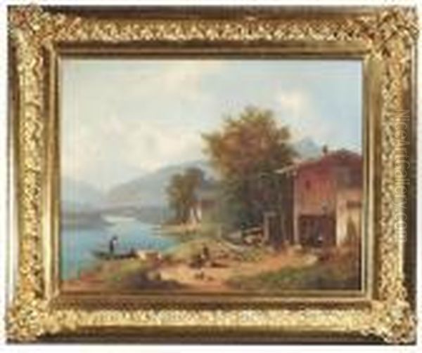 Summery Landscape At Lakeside. Oil/canvas, Signed And Inscribed Oil Painting by Anton Doll