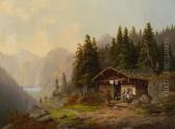 Vor Der Alm Uber Dem
 Gebirgssee. Oil Painting by Anton Doll