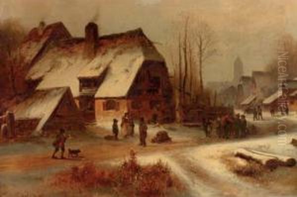 Villagers On A Snow Covered Street Oil Painting by Anton Doll