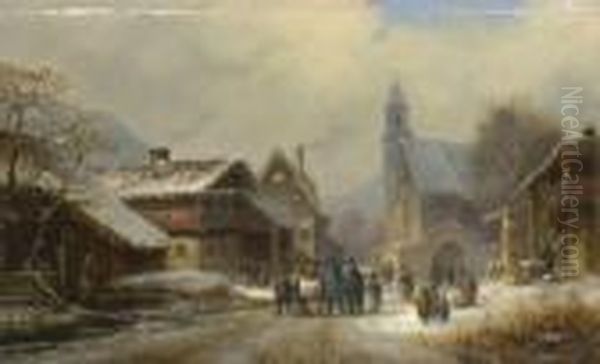 Taufgesellschaft Auf Winterlicher
 Dorfstrase. Oil Painting by Anton Doll