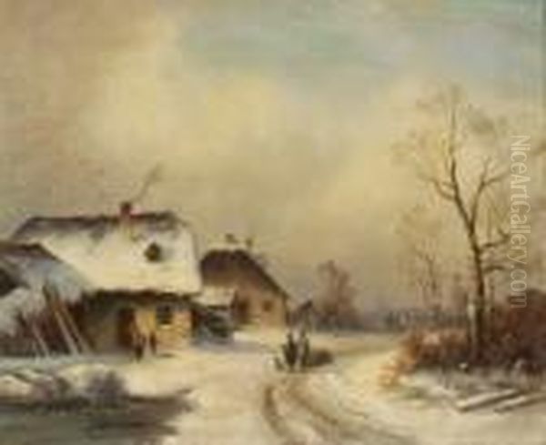 Dorfstrase Im Winter. Oil Painting by Anton Doll