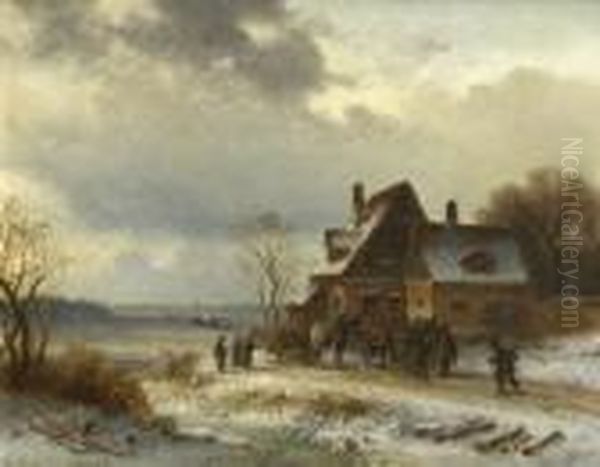 Winterlandschaft Mit
 Jagdgesellschaft Oil Painting by Anton Doll