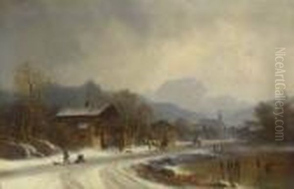 Eisvergnugen Vor Dem
 Dorf. Oil Painting by Anton Doll