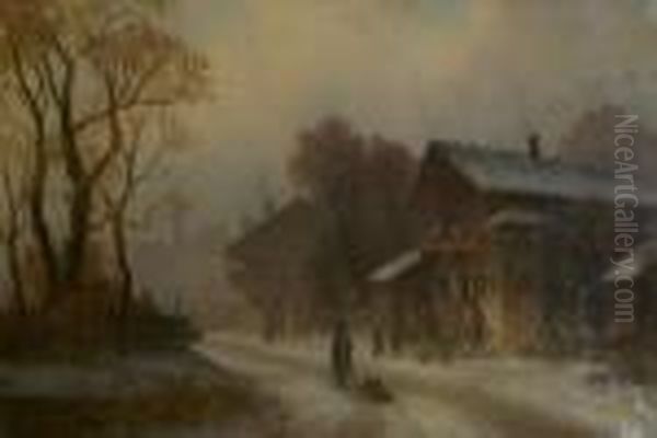 Verschneites Dorf Mit Figurenstaffage. Unten Links Signiert A. Doll, Munchen Oil Painting by Anton Doll