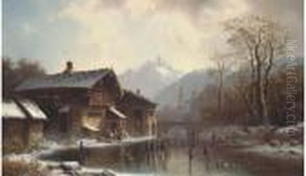 Skaters Before An Alpine Bridge Oil Painting by Anton Doll