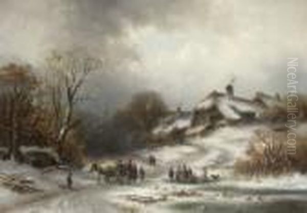 Winterlandschaft Mit Bauernhausern
 Bei Alt-gauting. Oil Painting by Anton Doll