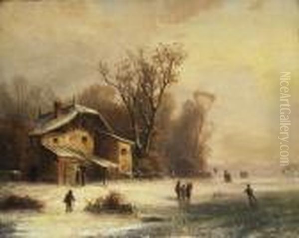 Winterlandschaft Mit Bauernhaus Am
 Ufer Des Zugefrorenen Sees. Oil Painting by Anton Doll