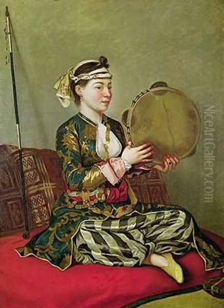 Turkish Woman with a Tambourine Oil Painting by Etienne Liotard