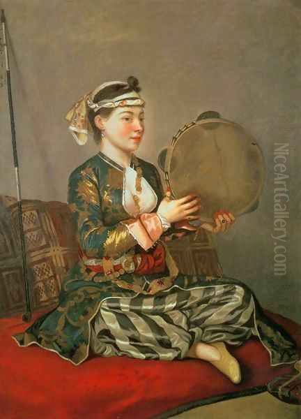 Turkish Woman with a Tambourine 2 Oil Painting by Etienne Liotard