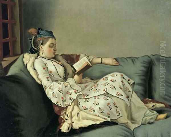 Lady in Turkish costume reading on a divan Oil Painting by Etienne Liotard