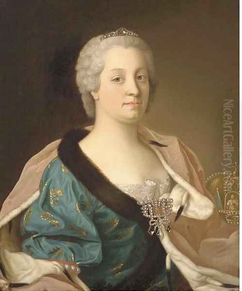 Portrait of the Empress Maria Theresa (1717-1780), half-length, in a fur-lined gown, her crown beside her Oil Painting by Etienne Liotard