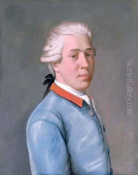 Portrait of a young Englishman, bust-length, in a blue velvet coat and red collar Oil Painting by Etienne Liotard