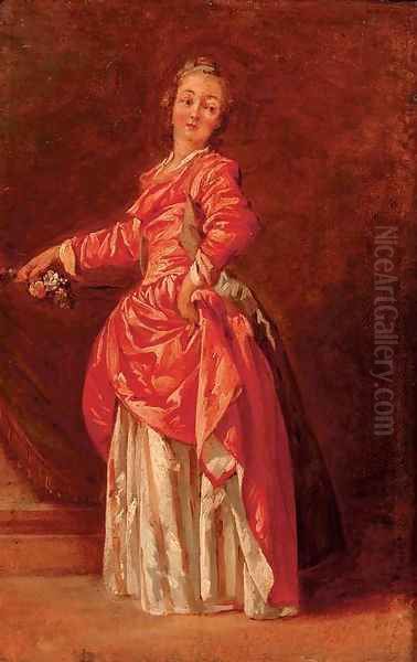 A lady in a red dress in an interior Oil Painting by Jean-Baptiste Le Prince