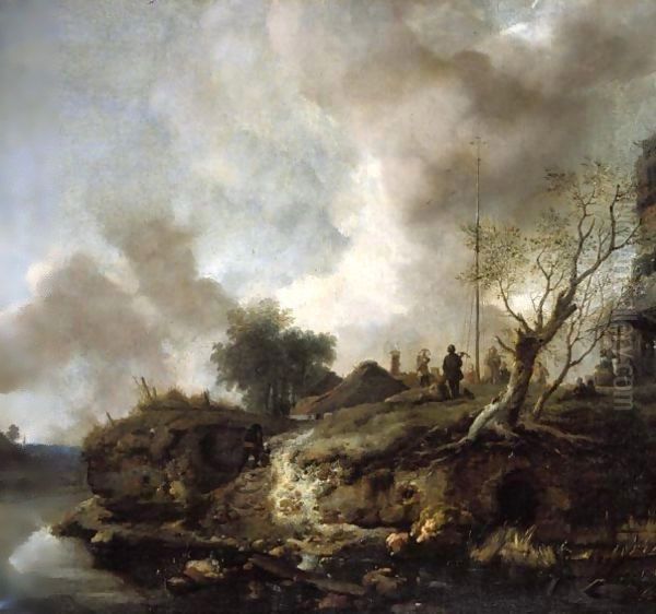 A river landscape with sportsman shooting at a popinjay on the bank Oil Painting by Jean-Baptiste Le Prince