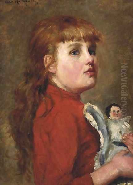 Young girl with her doll Oil Painting by Charles-Dominique-Oscar Lahalle