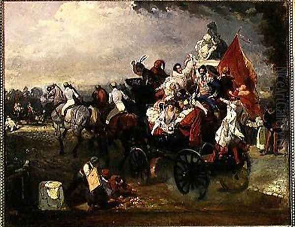 Carriage with Men and Women in Costume on the Champs Elysees Oil Painting by Eugene Louis Lami