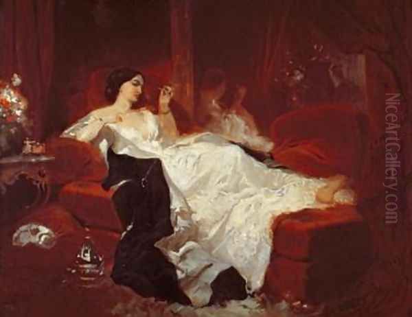 Woman on a red sofa Oil Painting by Eugene Louis Lami