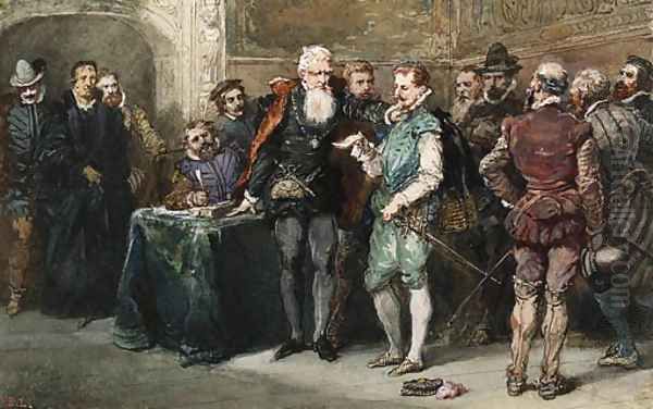 A Duel outside the Tour de Nesle, Paris; and An Assembly Oil Painting by Eugene Louis Lami