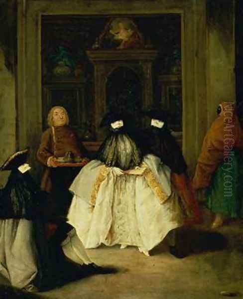 Masked Figures in a Venetian Coffee House Oil Painting by Pietro Longhi