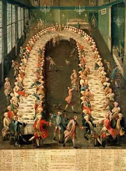 The Banquet at Casa Nani Given in Honour of their Guest Clemente Augusto Elector Archbishop of Cologne on 9th September 1755 Oil Painting by Pietro Longhi