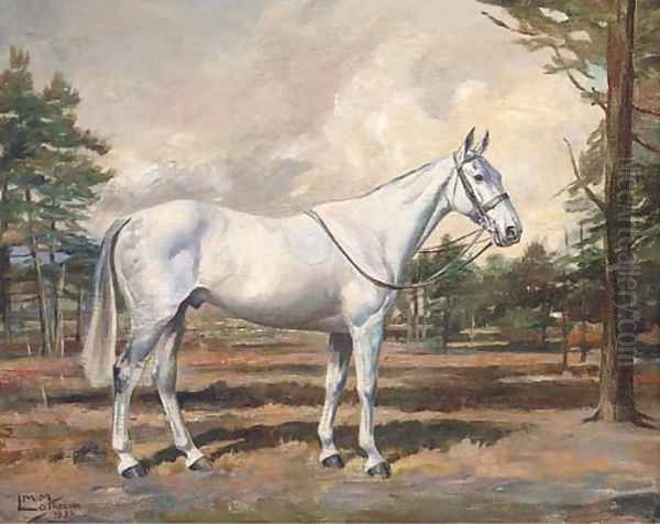 Irony, a saddled grey hunter in the grounds of Druids Lodge Oil Painting by Molly M. Latham