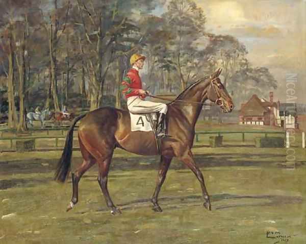 A racehorse with jockey up Oil Painting by Molly M. Latham