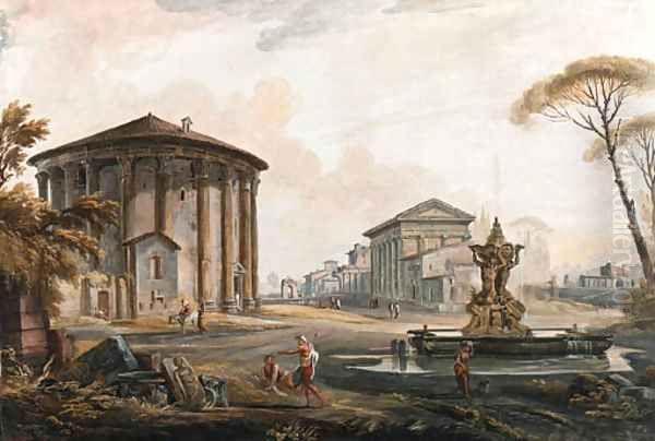 A Capriccio with the Temple of Cybel on Piazza della Bocca della Verita, the Barberini Fountain, the Temple of Antoninus and Faustina Oil Painting by Jean-Baptiste Lallemand