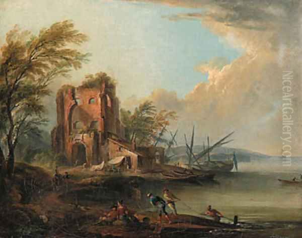 A coastal landscape with fishermen and beached boats by a farmhouse Oil Painting by Jean-Baptiste Lallemand