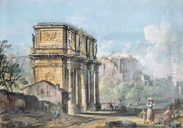 The Forum with the Arch of Constantine, peasants in the foreground Oil Painting by Jean-Baptiste Lallemand