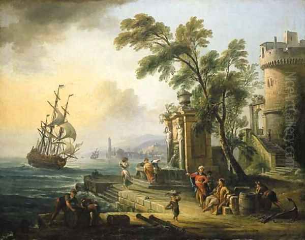 A capriccio of a Mediterranean port with oriental figures, a man-o-war at sea beyond Oil Painting by Jean-Baptiste Lallemand