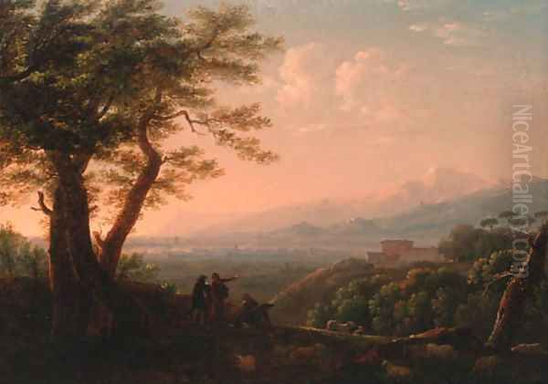 Artists conversing in an extensive Italianate landscape Oil Painting by Jean-Baptiste Lallemand