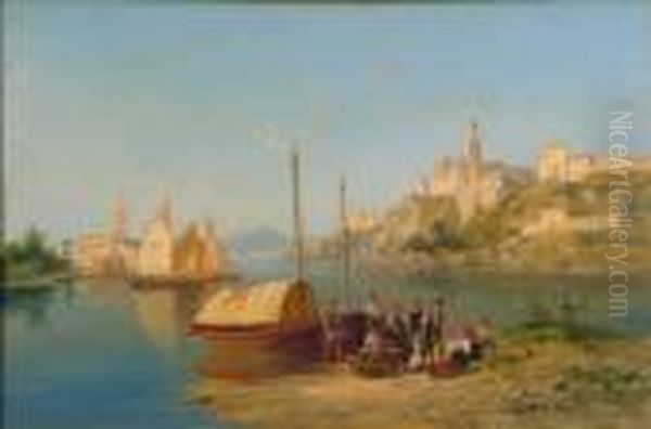 An Italian Lake View Oil Painting by William Raymond Dommersen