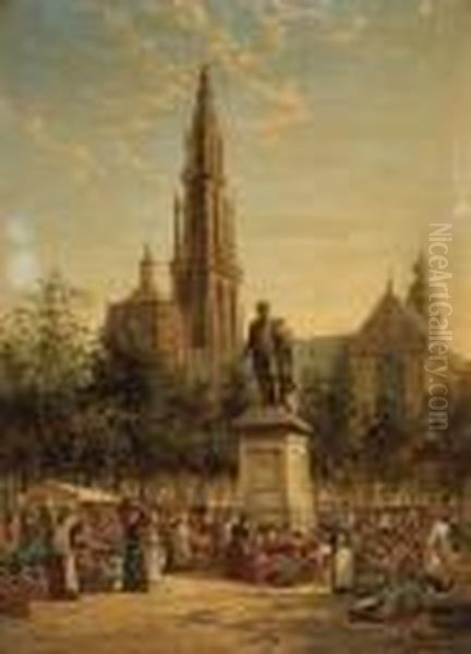 A View Of The Rubens' Statue And Thecathedral, Antwerp Oil Painting by William Raymond Dommersen