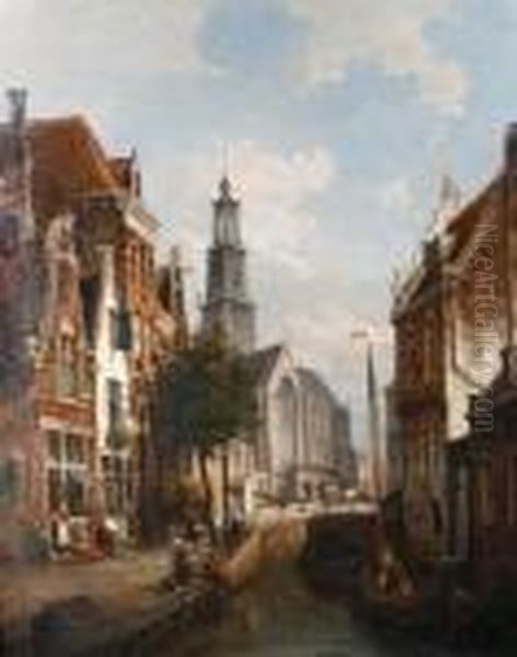 View Of The Westertoren From The Formerrozengracht At Amsterdam Oil Painting by William Raymond Dommersen