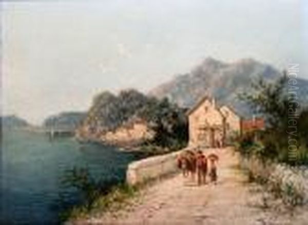 Italian Coastal Scene With Two Figures And Adonkey On A Path Oil Painting by William Raymond Dommersen