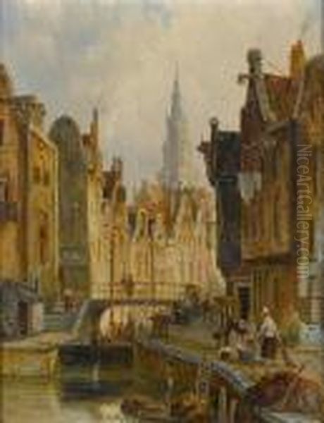 Figures By A Canal, Amsterdam Oil Painting by William Raymond Dommersen