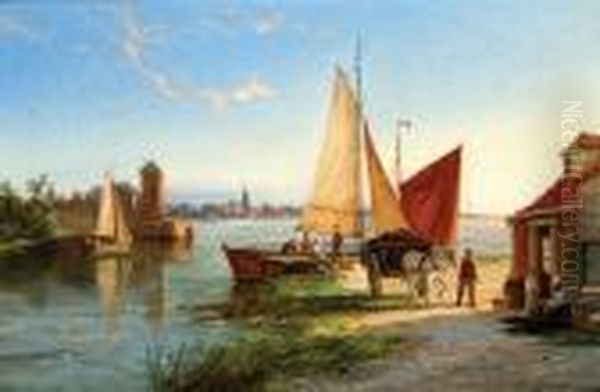 View Of A City By The Water Oil Painting by William Raymond Dommersen