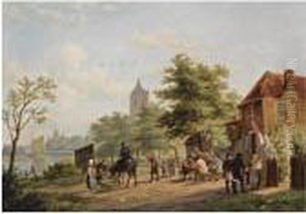 Figures Near An Inn Oil Painting by William Raymond Dommersen