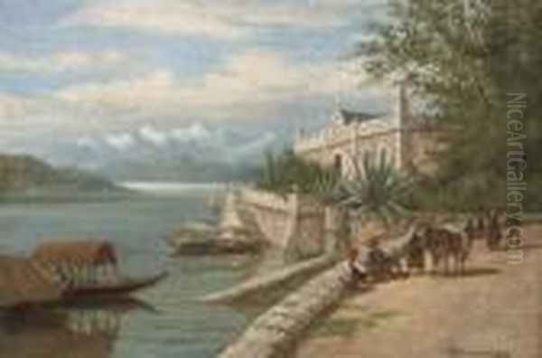 Travellers Resting Before Lake Como Oil Painting by William Raymond Dommersen