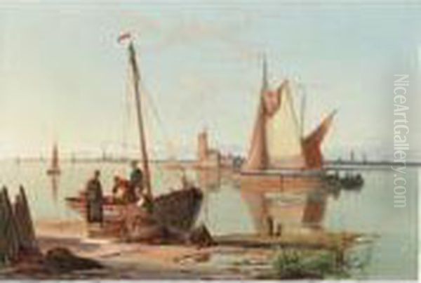 Fishing Boats Off Burgerdam Lighthouse On The Zuider Zee; Enshuisen On The Zuider Zee Oil Painting by William Raymond Dommersen