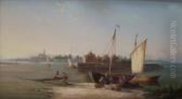 A Viewof Flushing, With Fisherman And Nets In The Foreground Oil Painting by William Raymond Dommersen