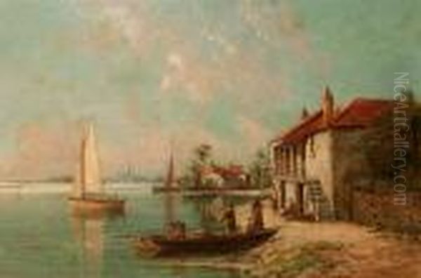 Italian Coastal Scene With Figures, Buildings And Fishing Boats Oil Painting by William Raymond Dommersen